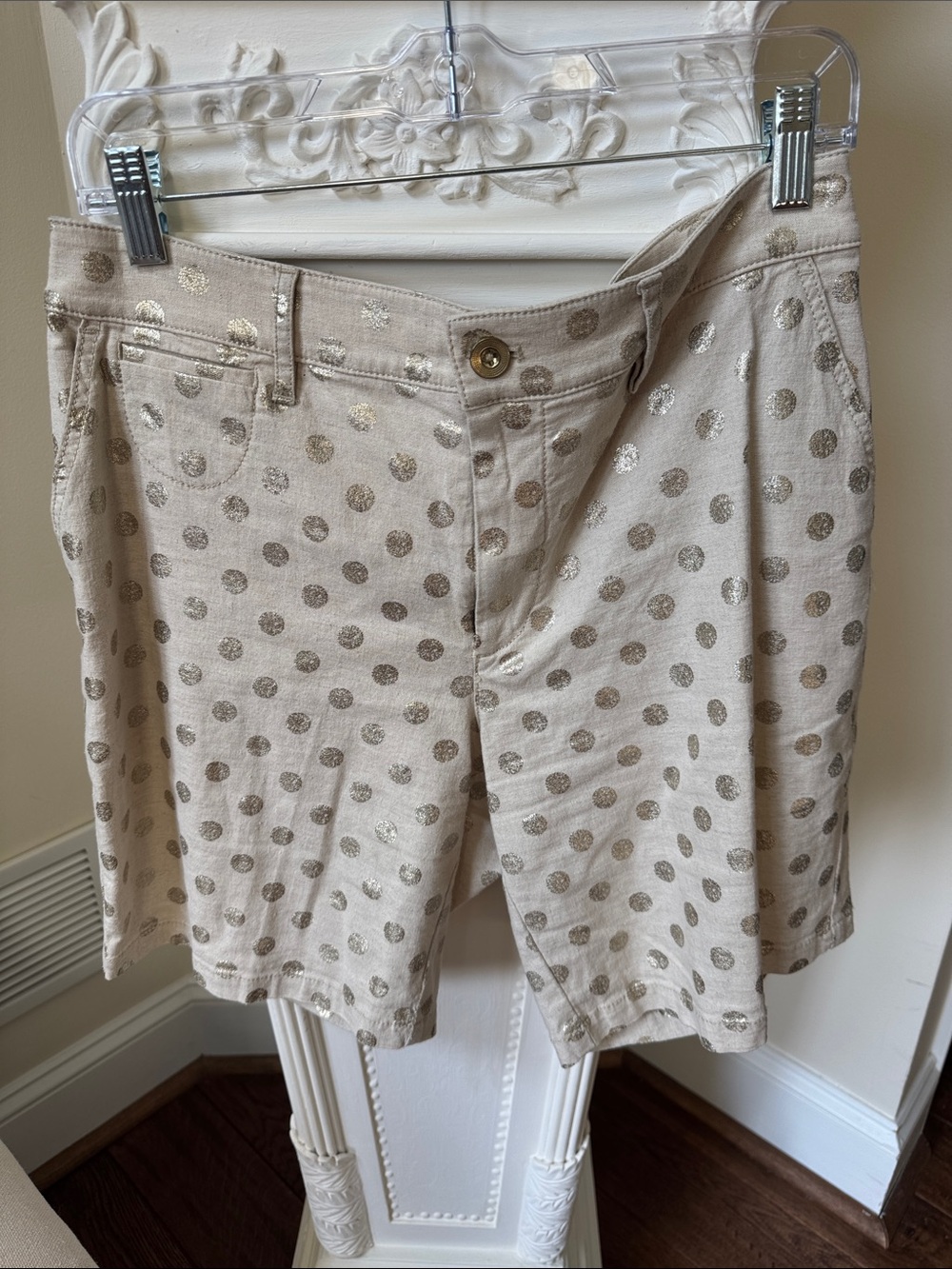 Anthropologie Beige Shorts with Metallic Gold Polka Dots